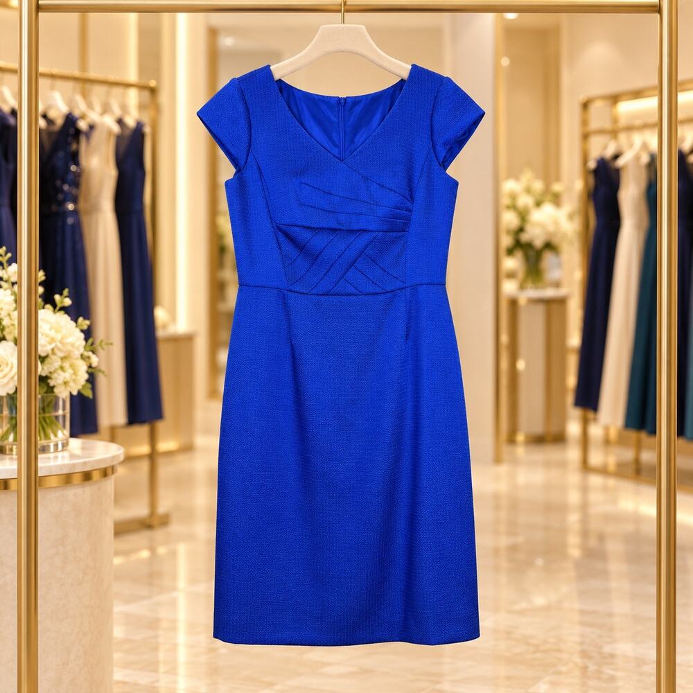 Tahari ASL Cobalt Blue Pleated Cap Sleeve Sheath Work Dress Size 12 NWT Business